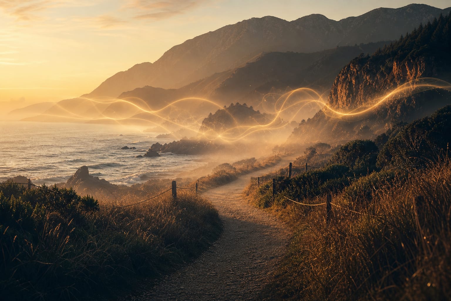 A coastal path at golden hour with luminous threads of light in the mist