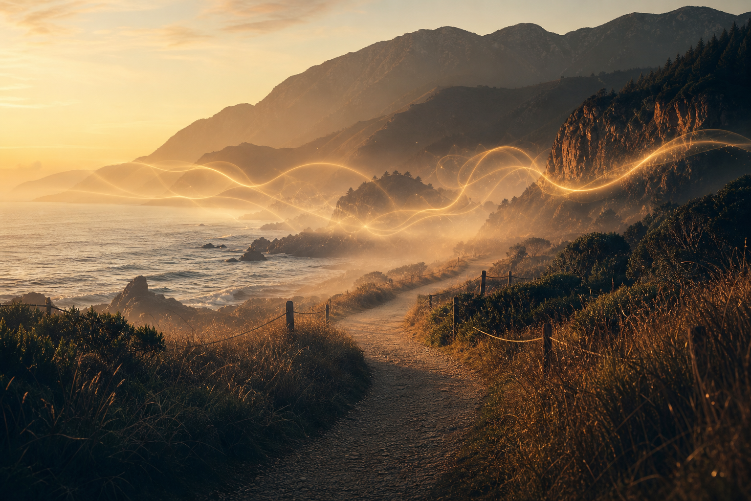A golden-lit coastal path winding through misty mountains at dawn