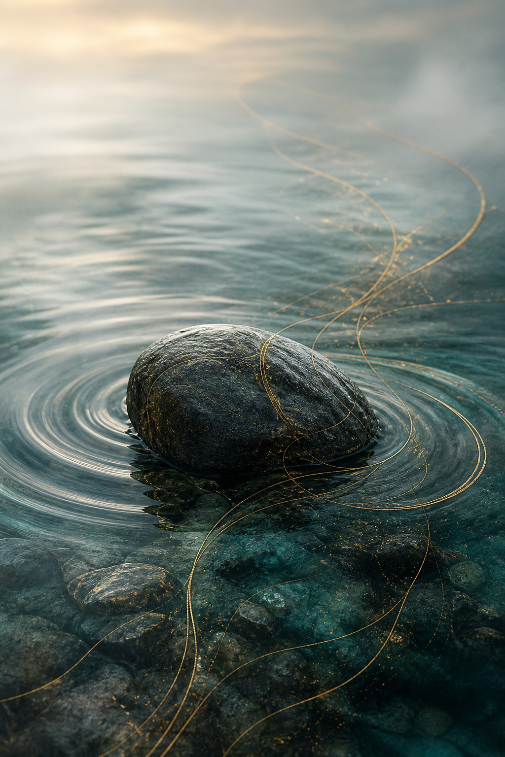 A coastal stone surrounded by ripples and fine golden threads