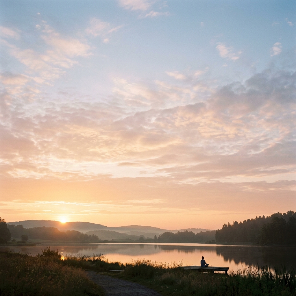 Quiet dawn sky with warm peach and gold tones