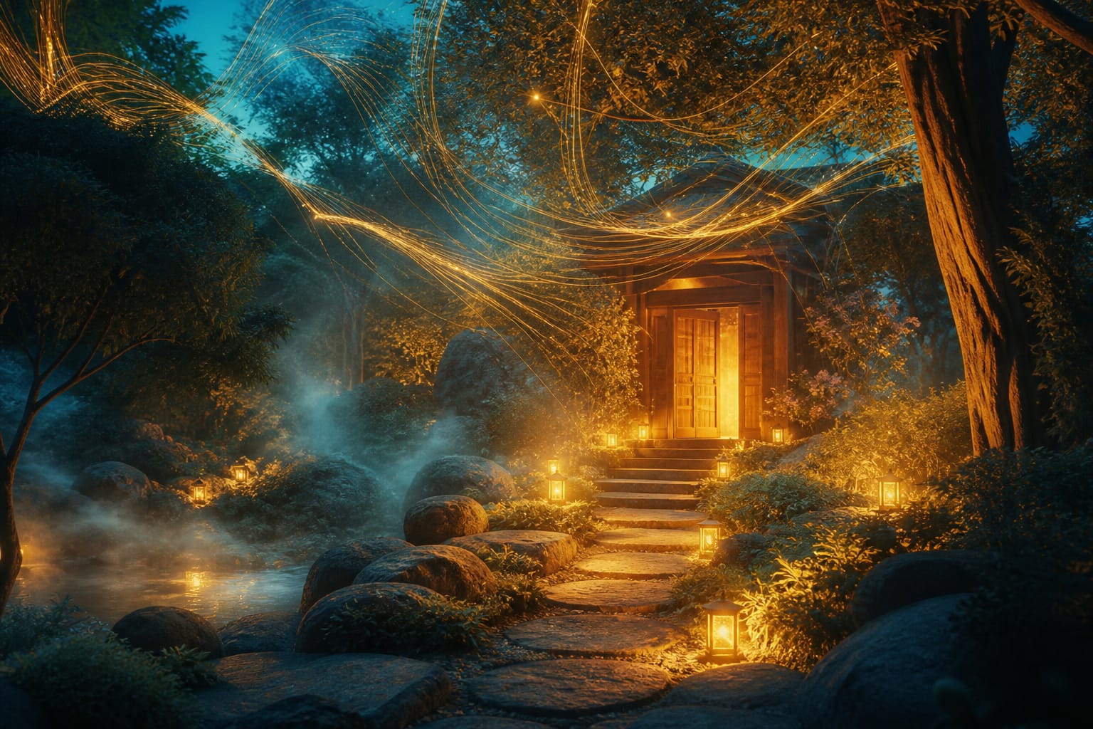 A softly lit doorway at dusk, threads of golden light weaving through the trees above a garden path