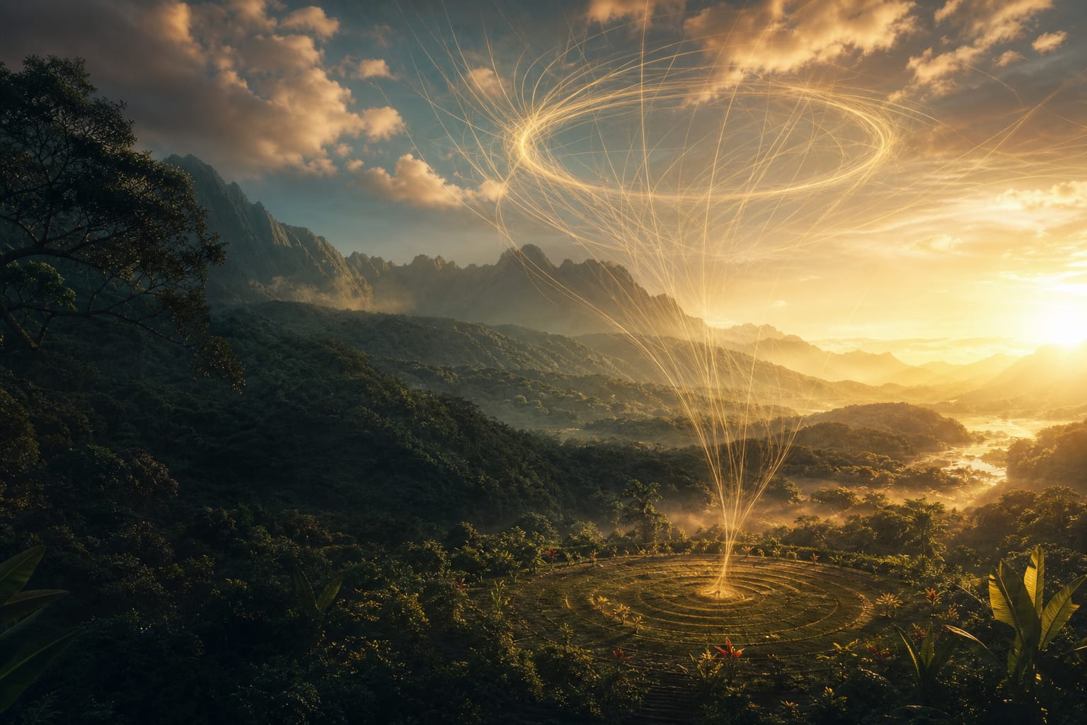 An atmospheric gathering space washed in warm light