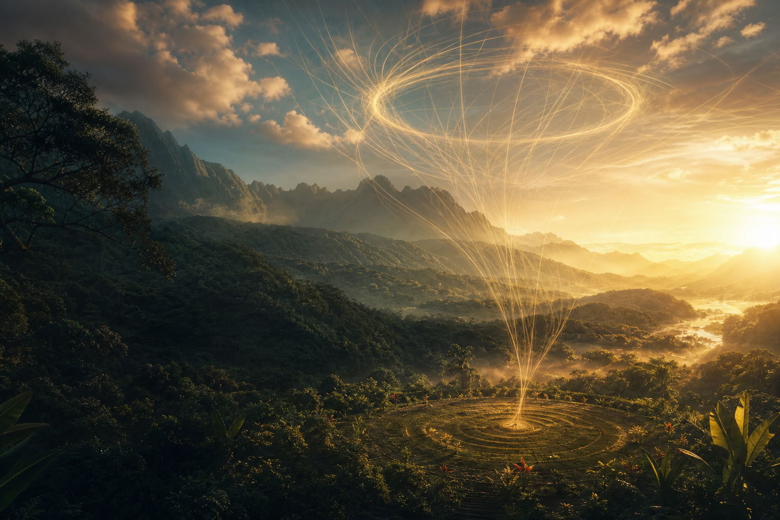 Golden light threads rising from a ceremonial clearing in a misty tropical valley