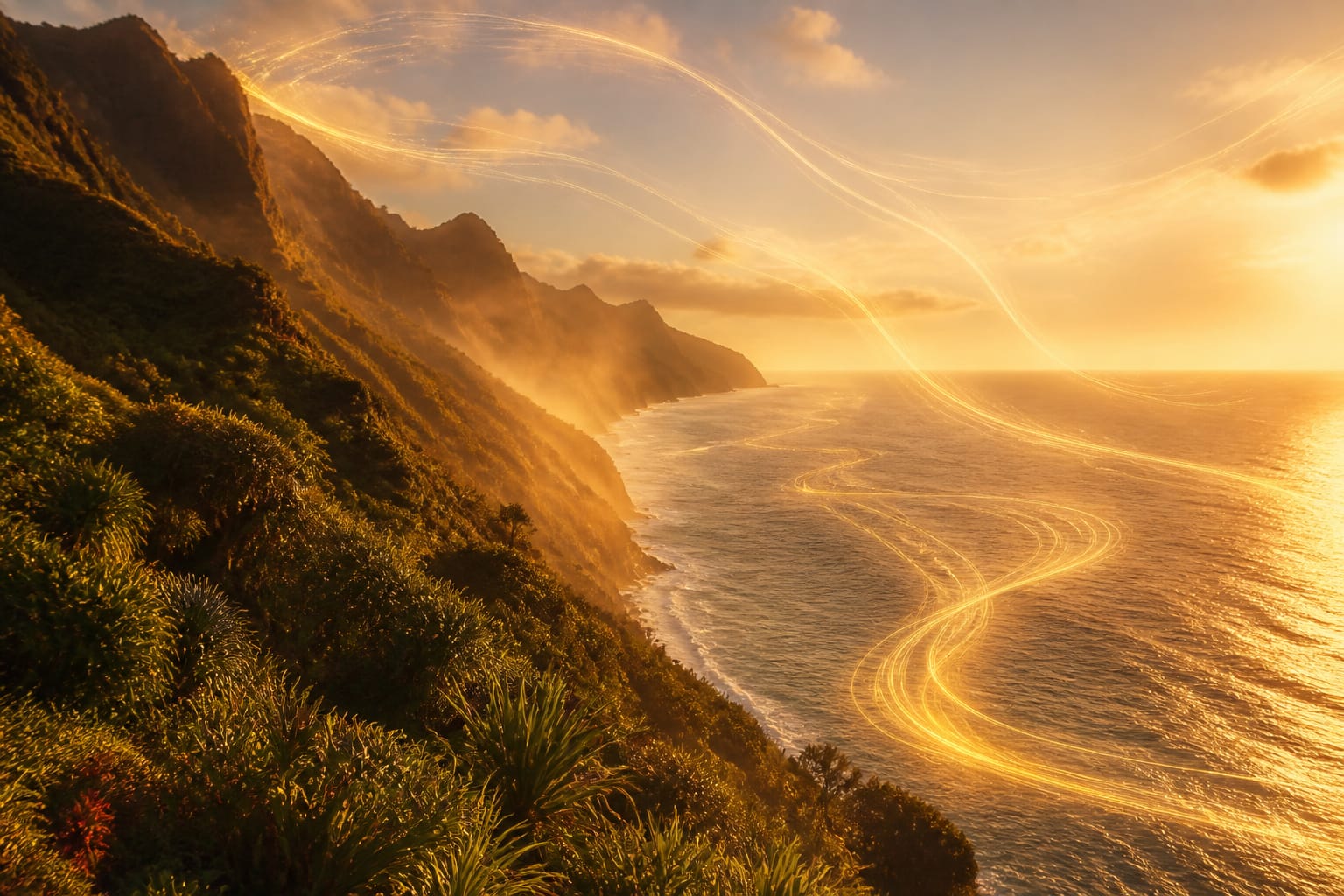 Kauai coastal cliffs at golden hour with luminous gold light weaving through the sky