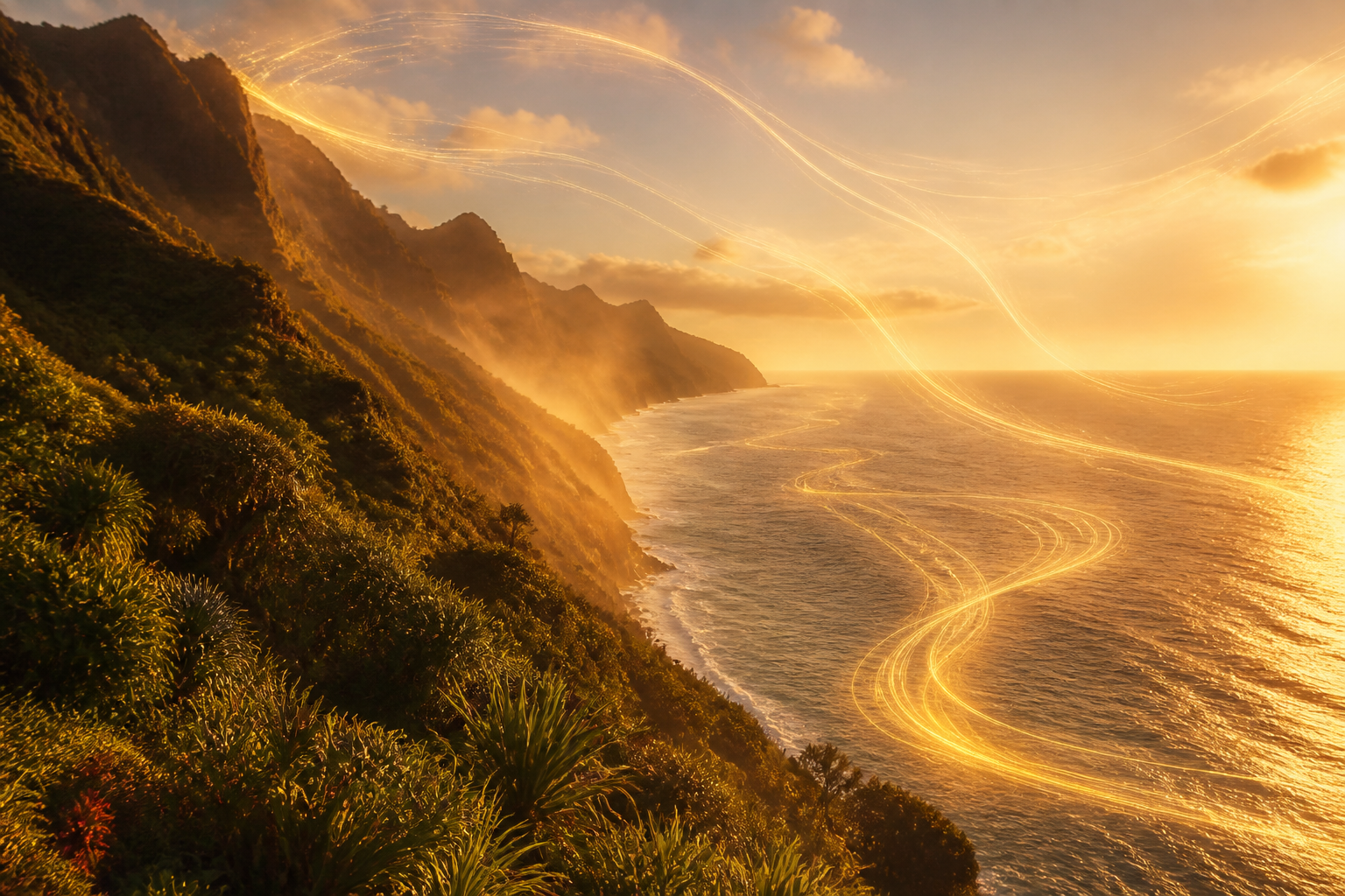 Kauai coastal cliffs at golden hour with luminous gold light weaving through the sky