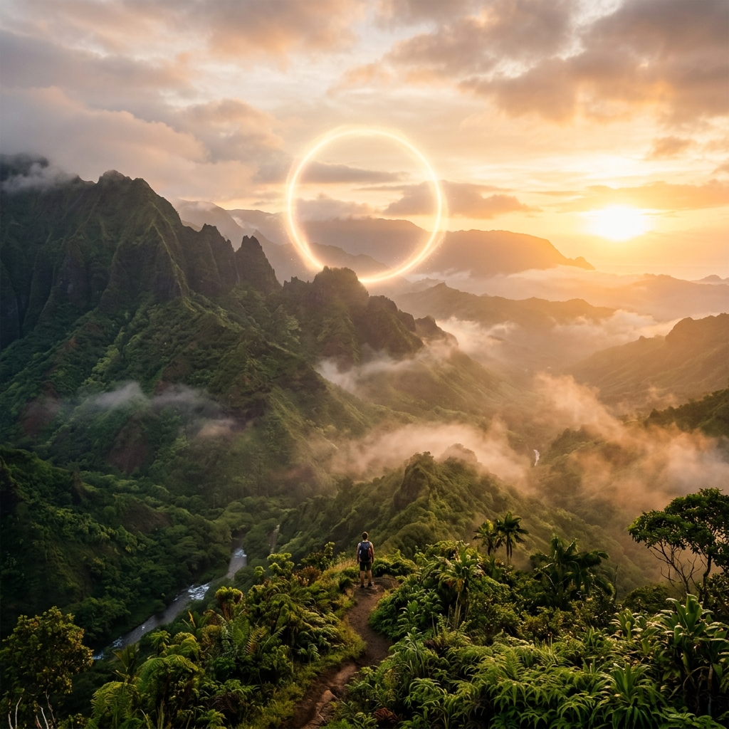 Kauai's mountain landscape illuminated at golden hour