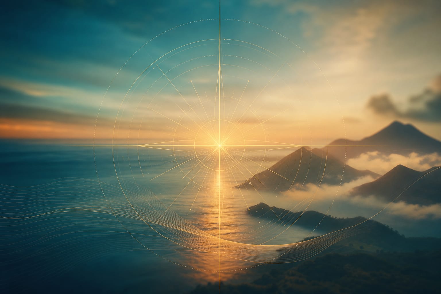 Golden geometric portal over a coastal horizon at dusk