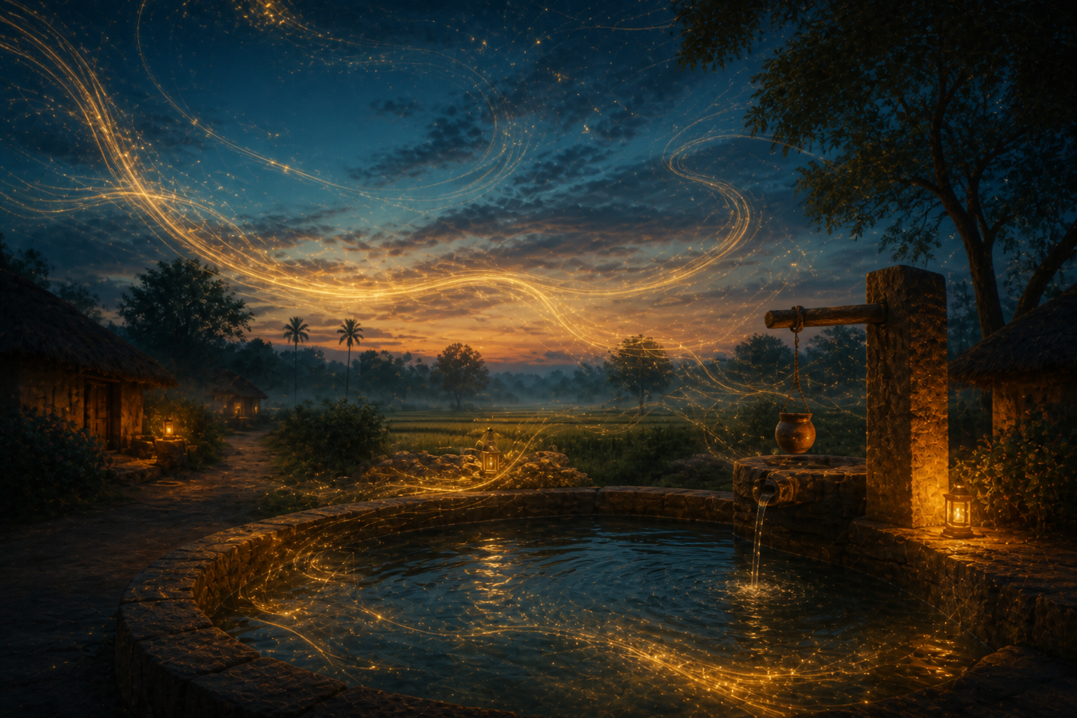 A quiet well at dusk with golden light weaving through the evening sky