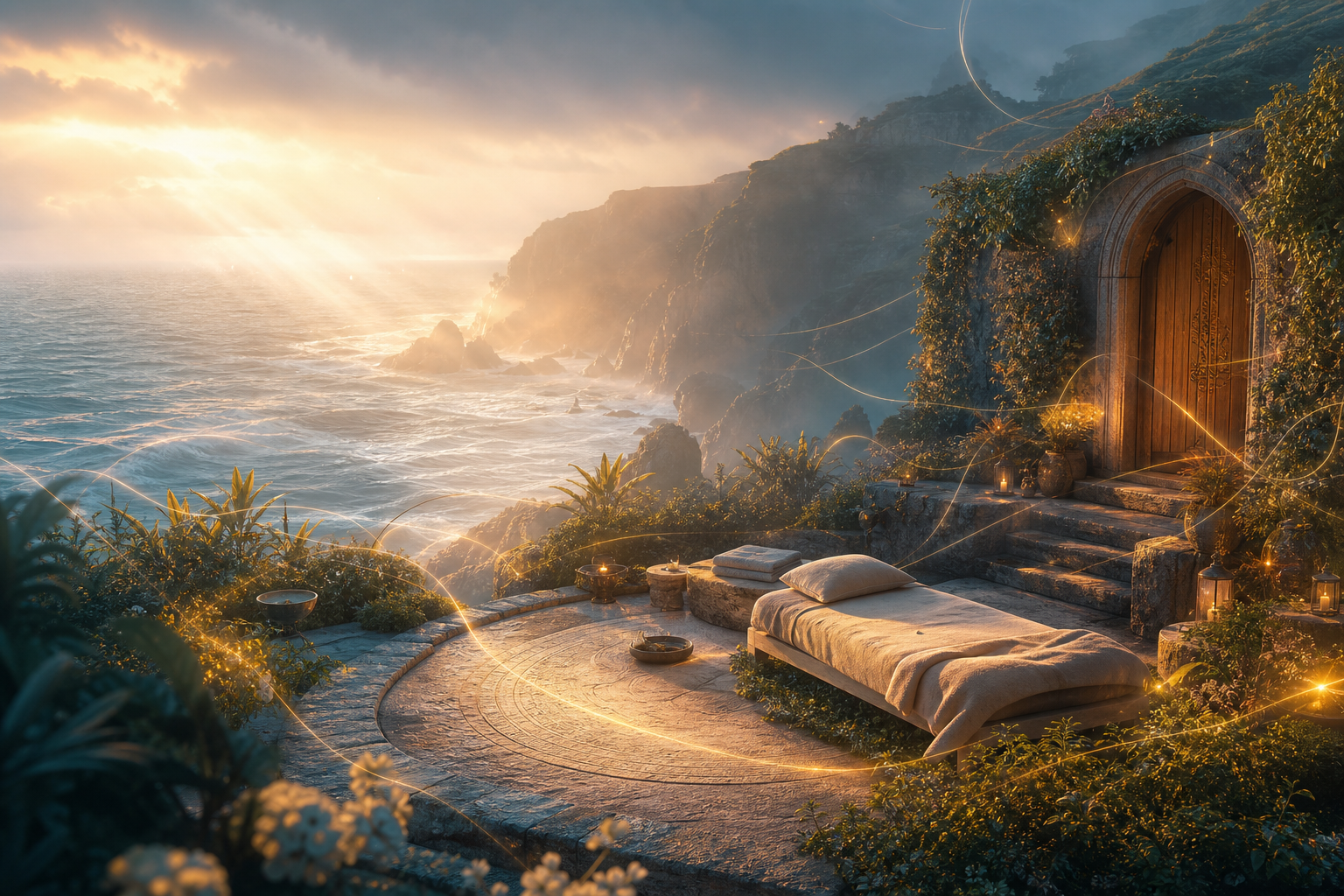 Stone sanctuary terrace with an empty table overlooking the ocean, golden light weaving through the air