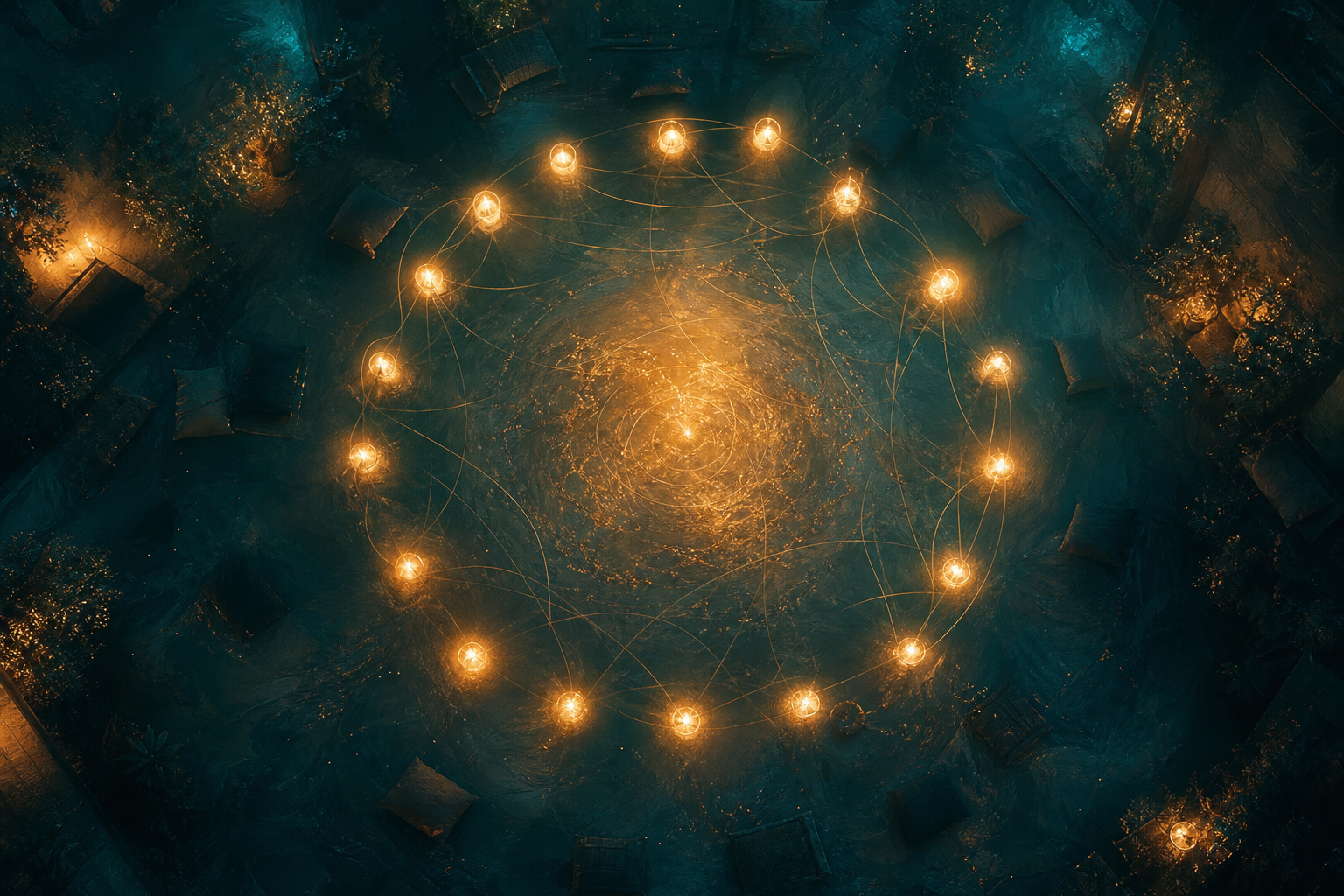 A circle of warm light representing a community training gathering