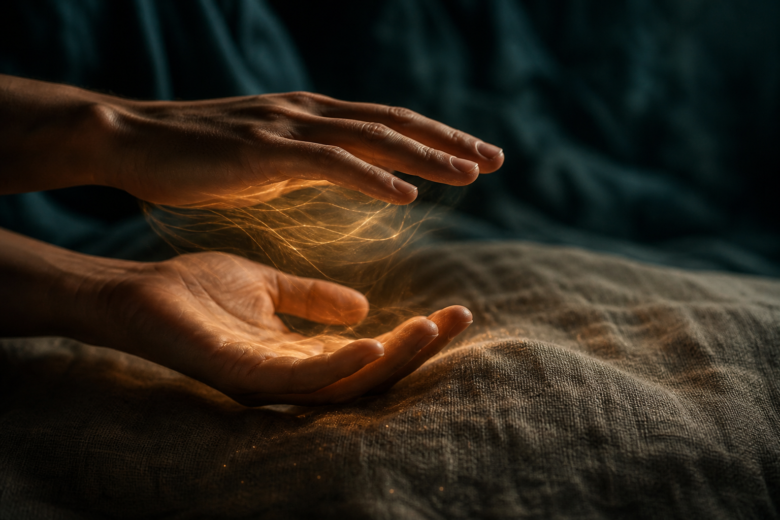Hands holding luminous threads above natural linen