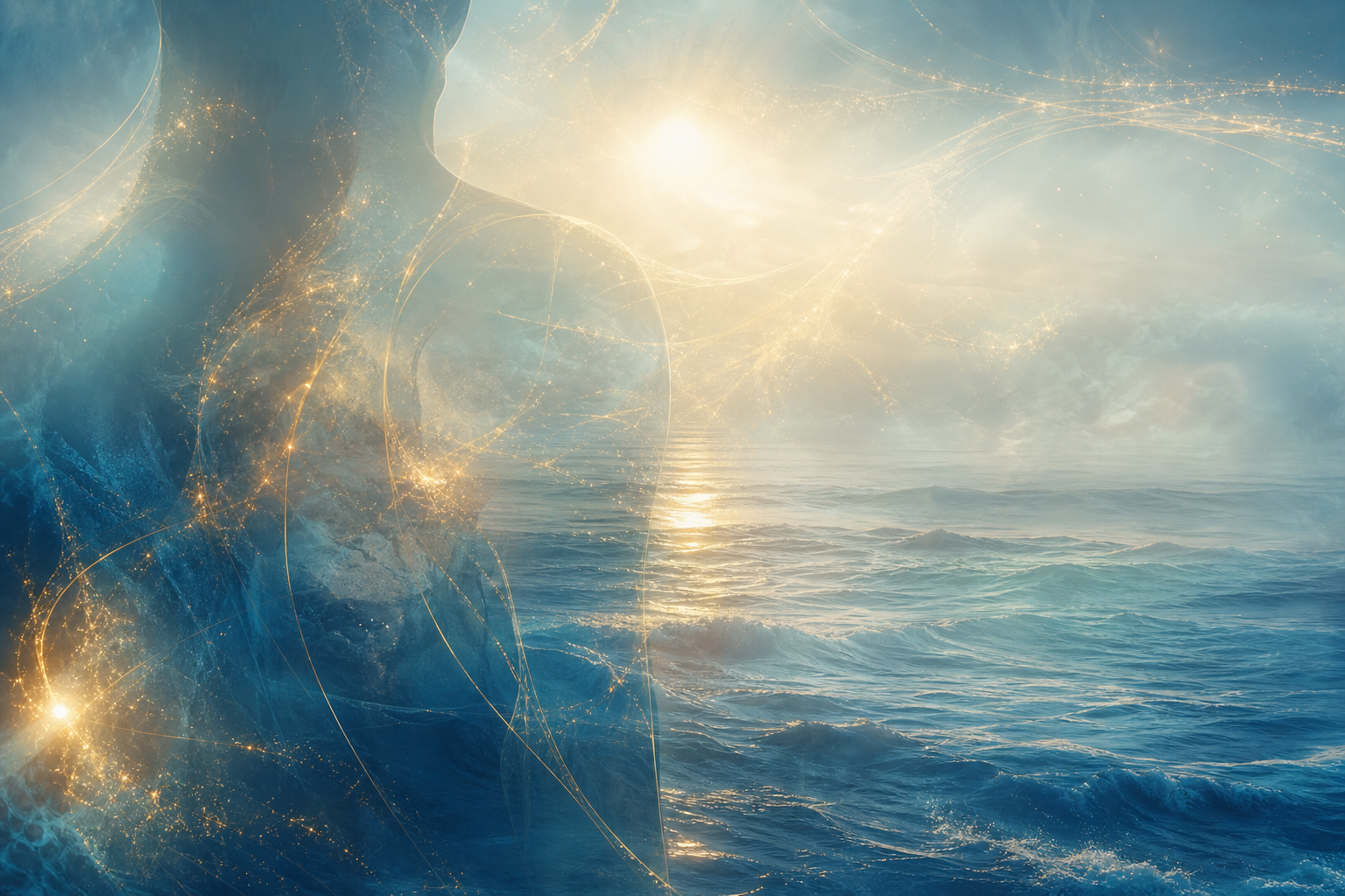 A translucent figure woven into ocean light