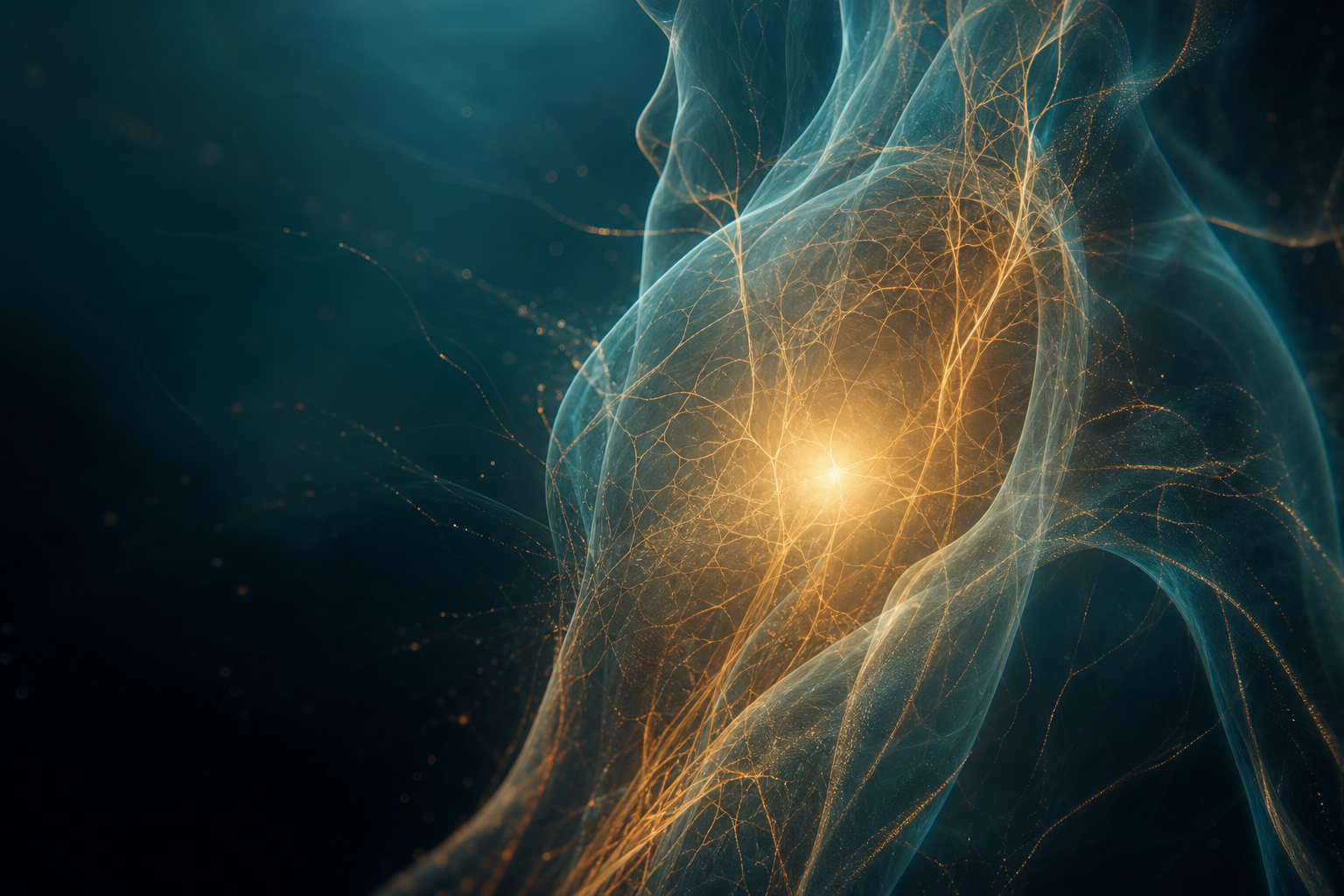 Golden nervous-system threads flowing through translucent layers in deep teal light