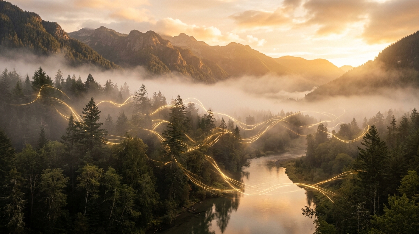 Golden light energy weaving gracefully over misted mountain forest landscape