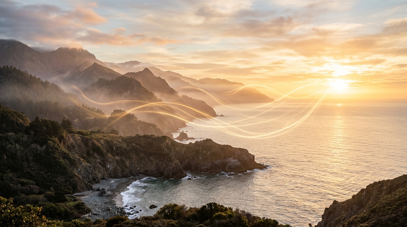 Glowing golden light weaving strands across coastal mountain horizon at golden sunset