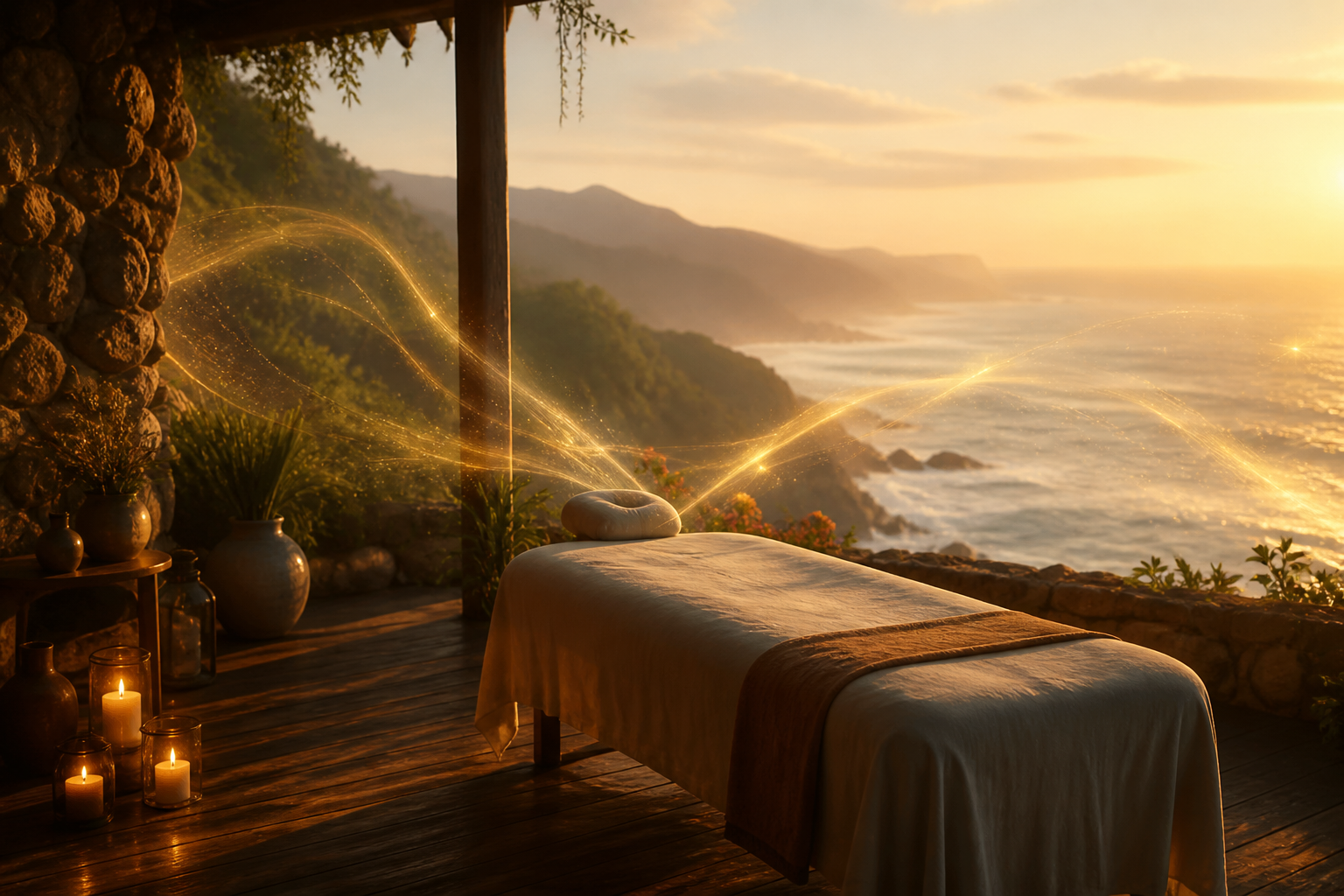 Coastal healing terrace at golden hour with luminous gold light threads weaving through mist