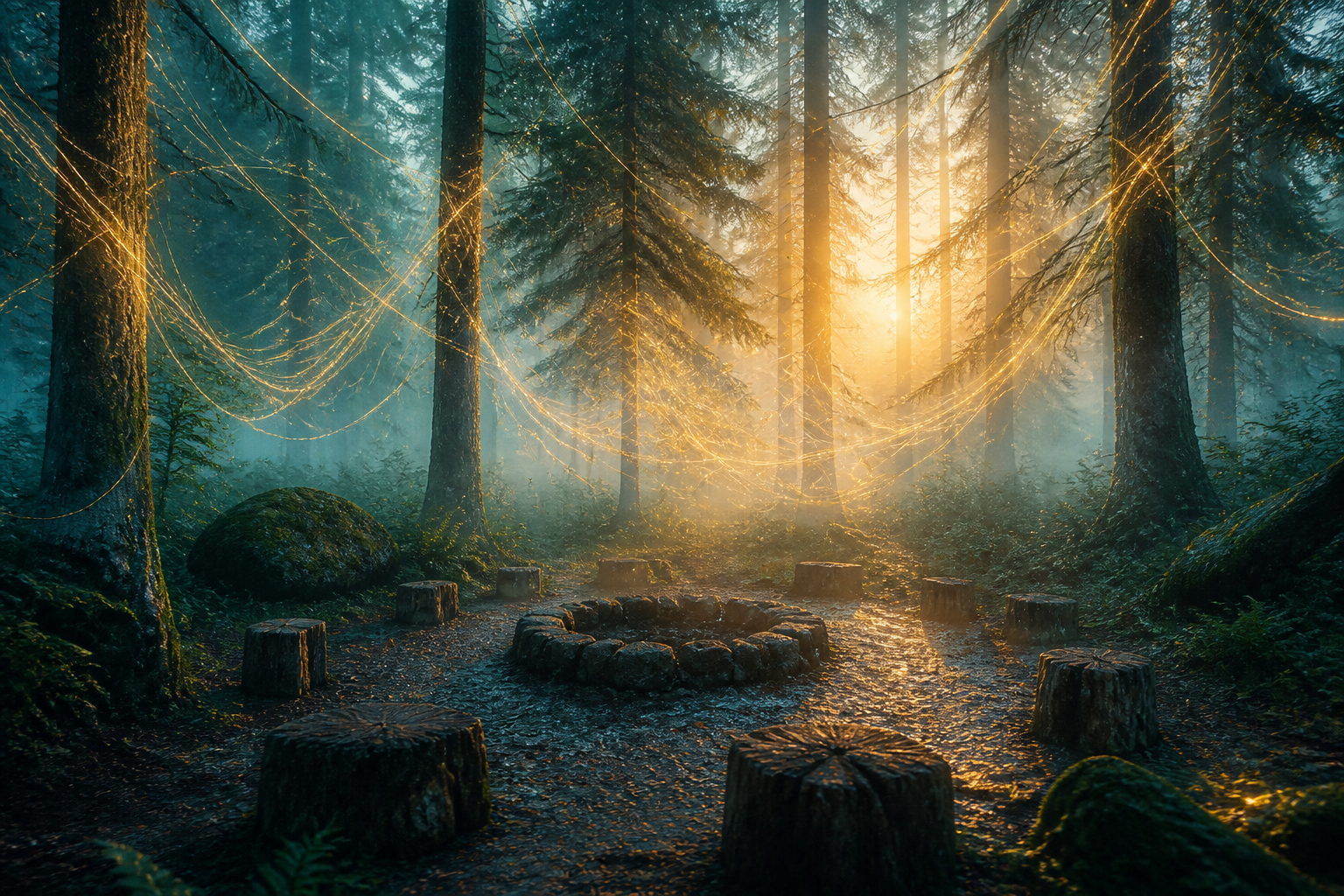 Misty forest clearing with golden energy threads weaving between trees at dusk