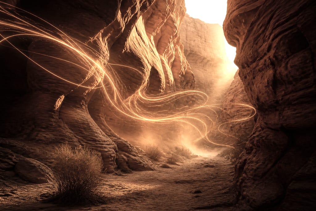 Red rock desert canyon at golden hour with gold light threads drifting between the sandstone walls