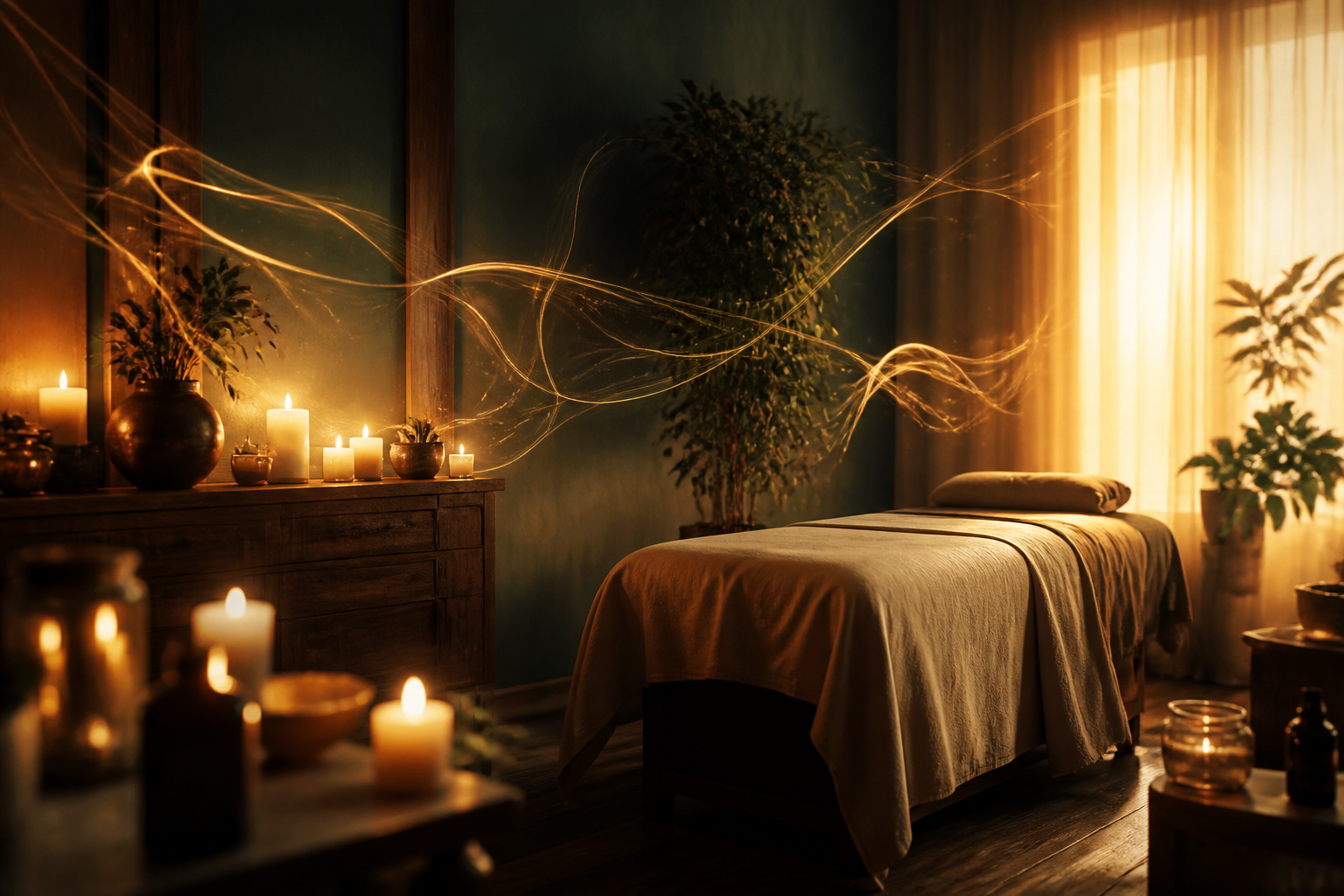 Candlelit healing room with soft golden light threads weaving through warm air