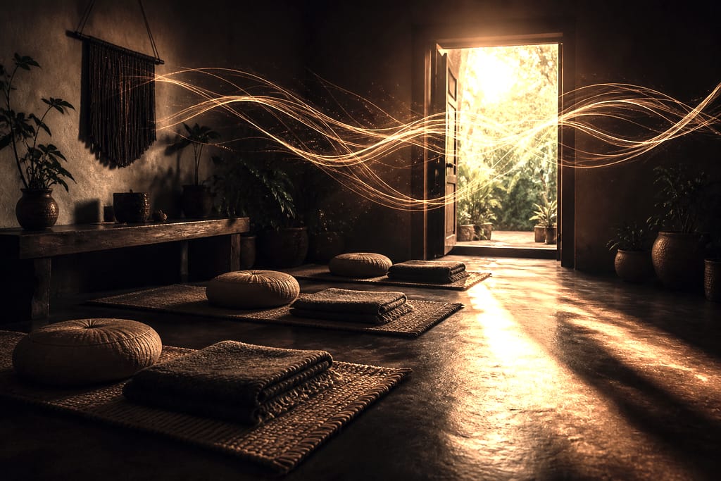 Sunlit training studio with woven mats, floor cushions and gold light threads weaving through the air