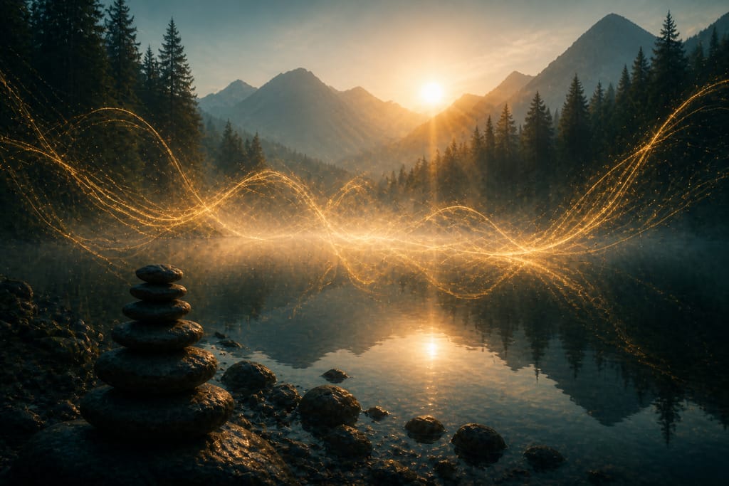 Still mountain lake at sunrise with stacked river stones and gold light threads weaving over the water
